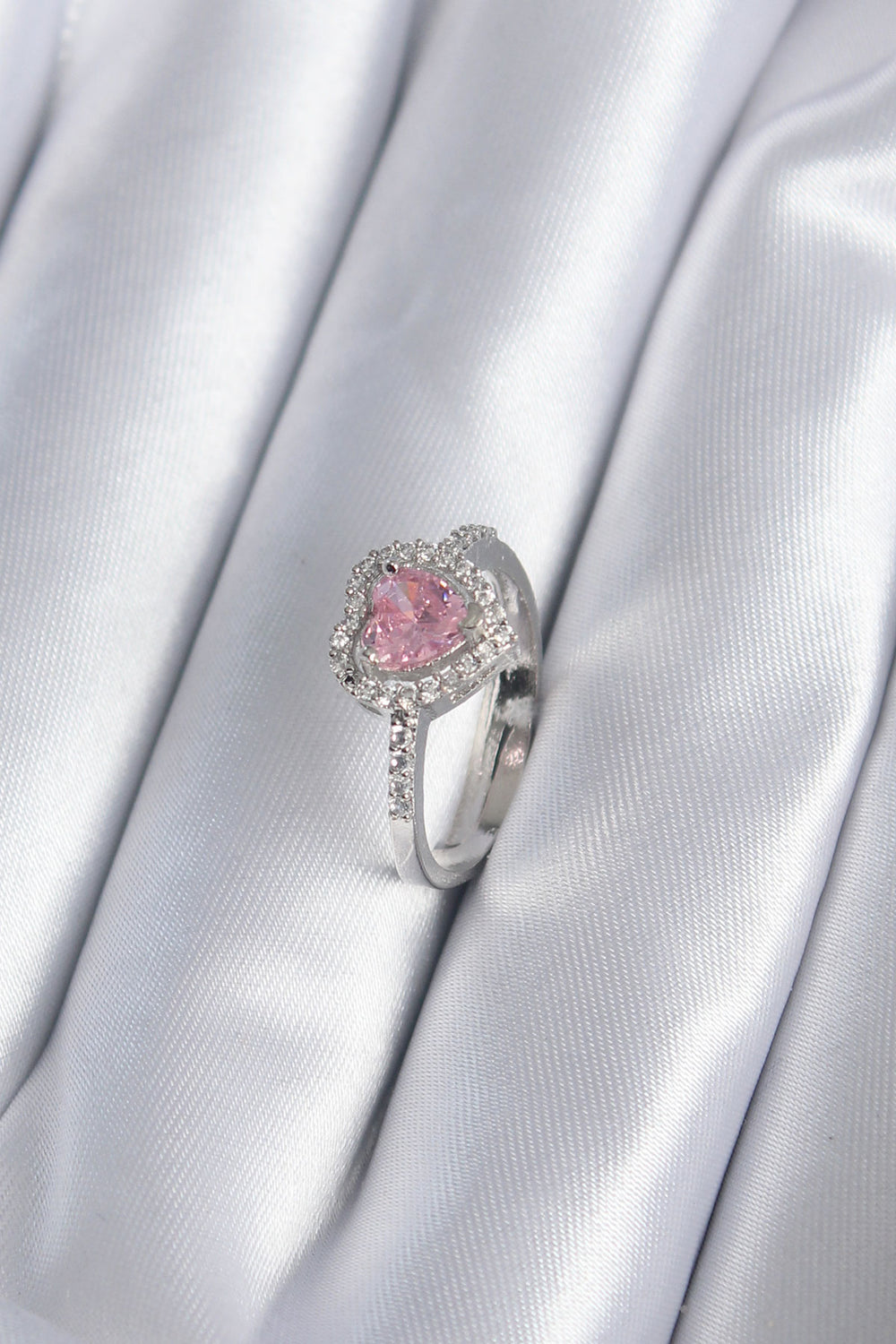 Pirinç Gümüş Renk Pembe Zirkon Taş Kalp Charm Model Kadın Yüzük TG27BYK2859
