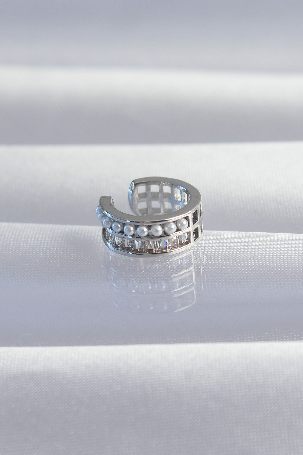 Pirinç Gümüş Renk İncili Baget Taşlı Earcuff Küpe TG27BKP9338