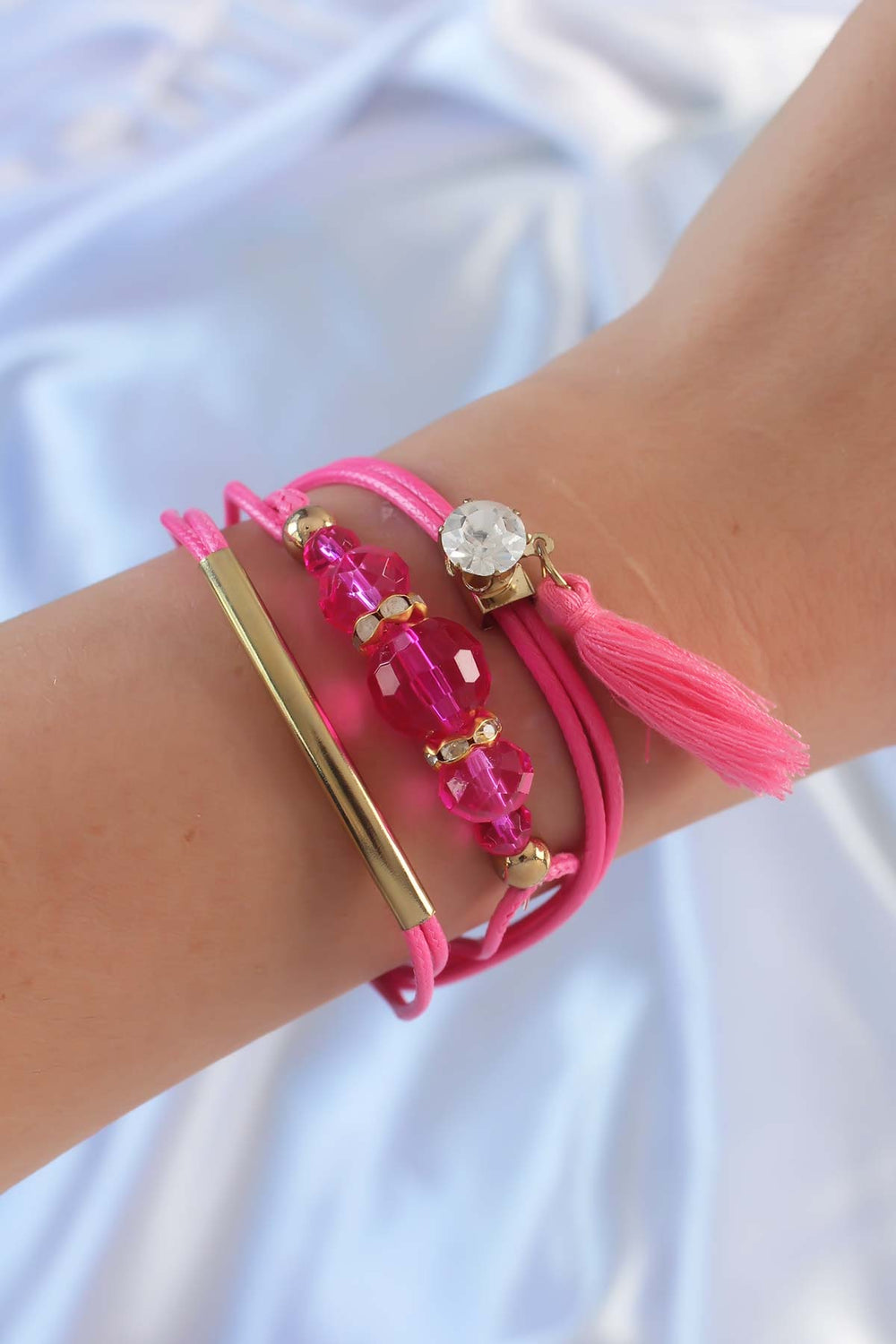 Pembe Zirkon Taşlı İpli Püskül Detay Çoklu Bileklik TG27BB6360