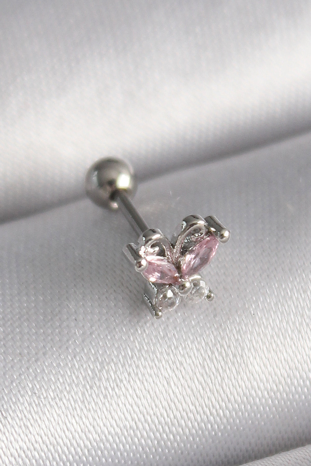 316L Çelik Gümüş Renk Pembe Zirkon Taşlı Kelebek Tragus Piercing TG27PR1241