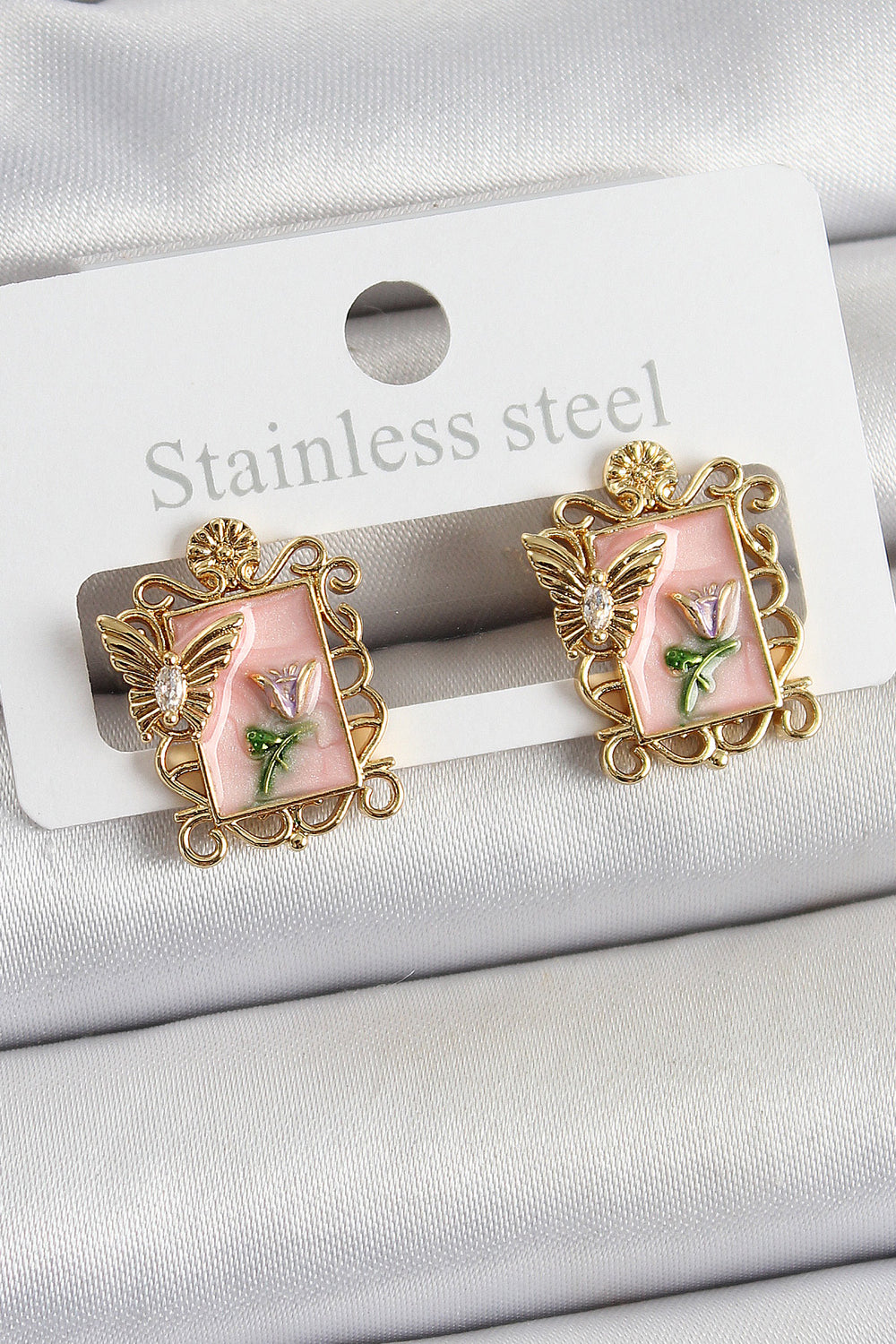 Pirinç Pembe Mineli Sanatsal Portre Model Gold Renk Kadın Küpe TG27BKP10685