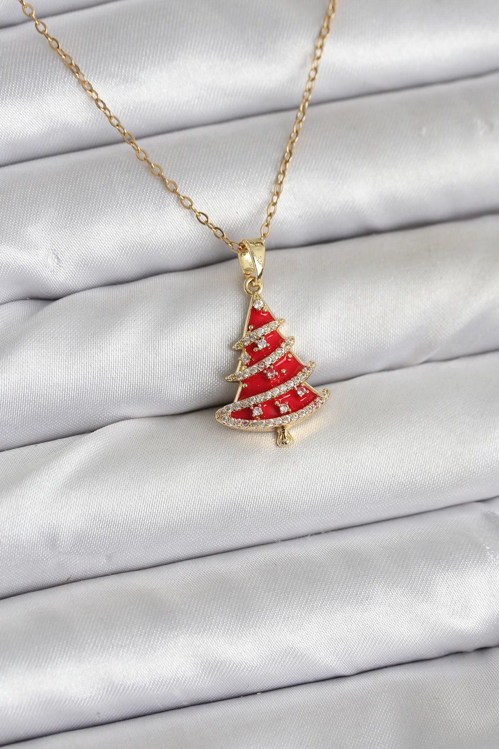 316L Çelik Zincir Gold Renk Kırmızı Çam Ağacı Model Yılbaşı Temalı Kadın Kolye TG27BKO10714