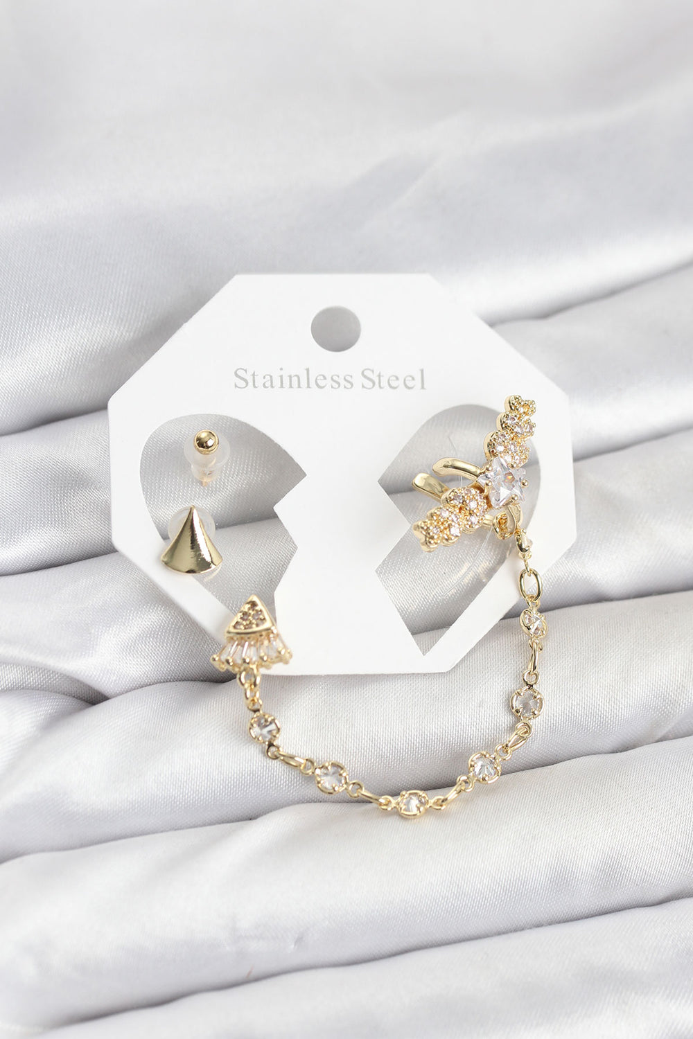 Pirinç Gold Renk Yıldızlı Model Zincir Bağlantılı Ear Cuff Küpe Seti TG27BKP11540