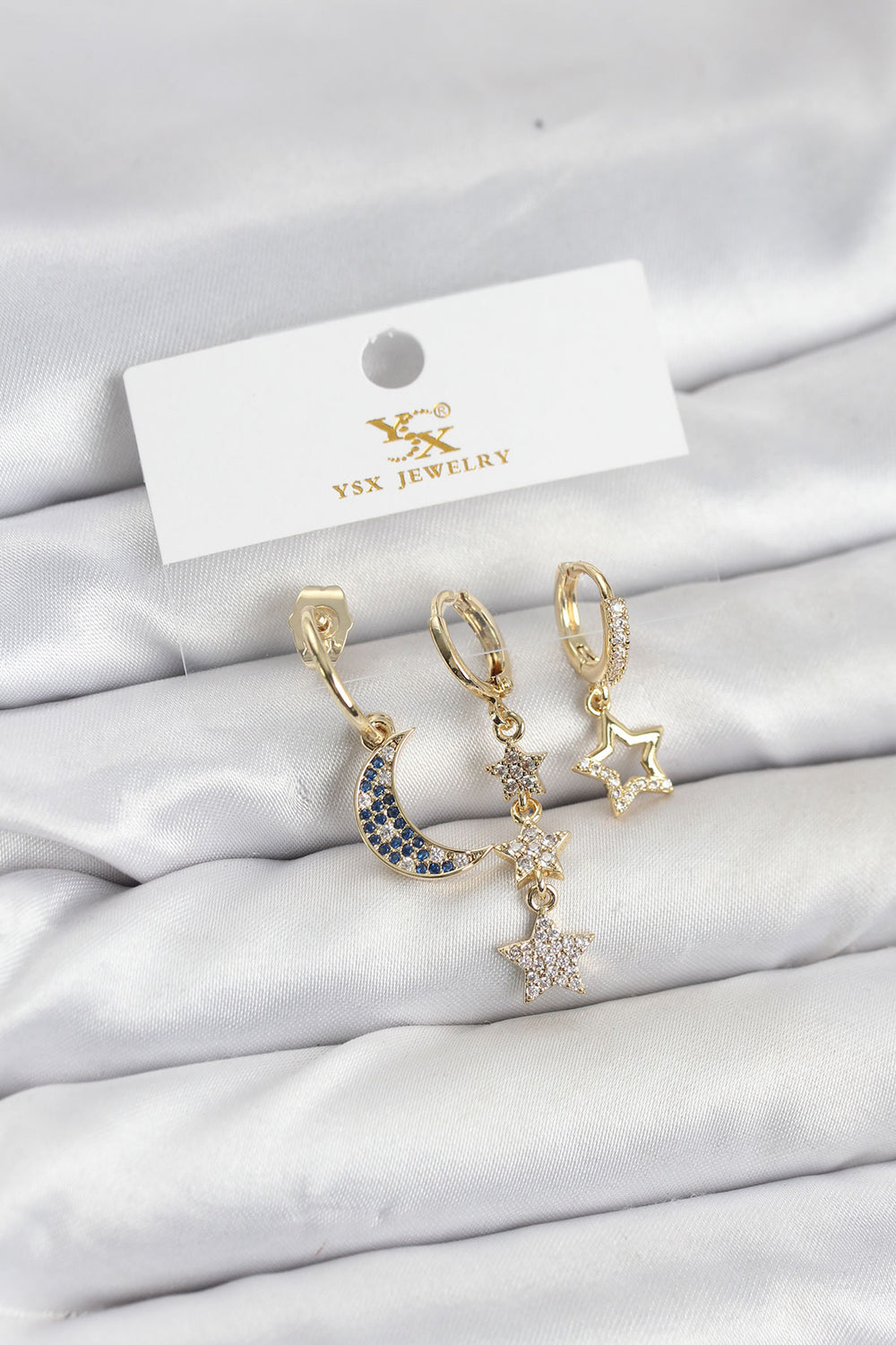 Pirinç Gold Renk Zirkon Taşlı Ay ve Yıldız Model YSX Trio Küpe Seti TG27BKP11574