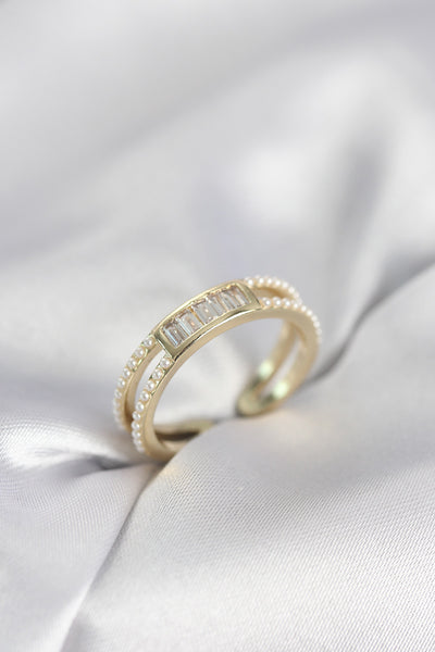 Baget Zirkon Taşlı Gold Renk İncili Kadın Yüzük TG27BYK4032