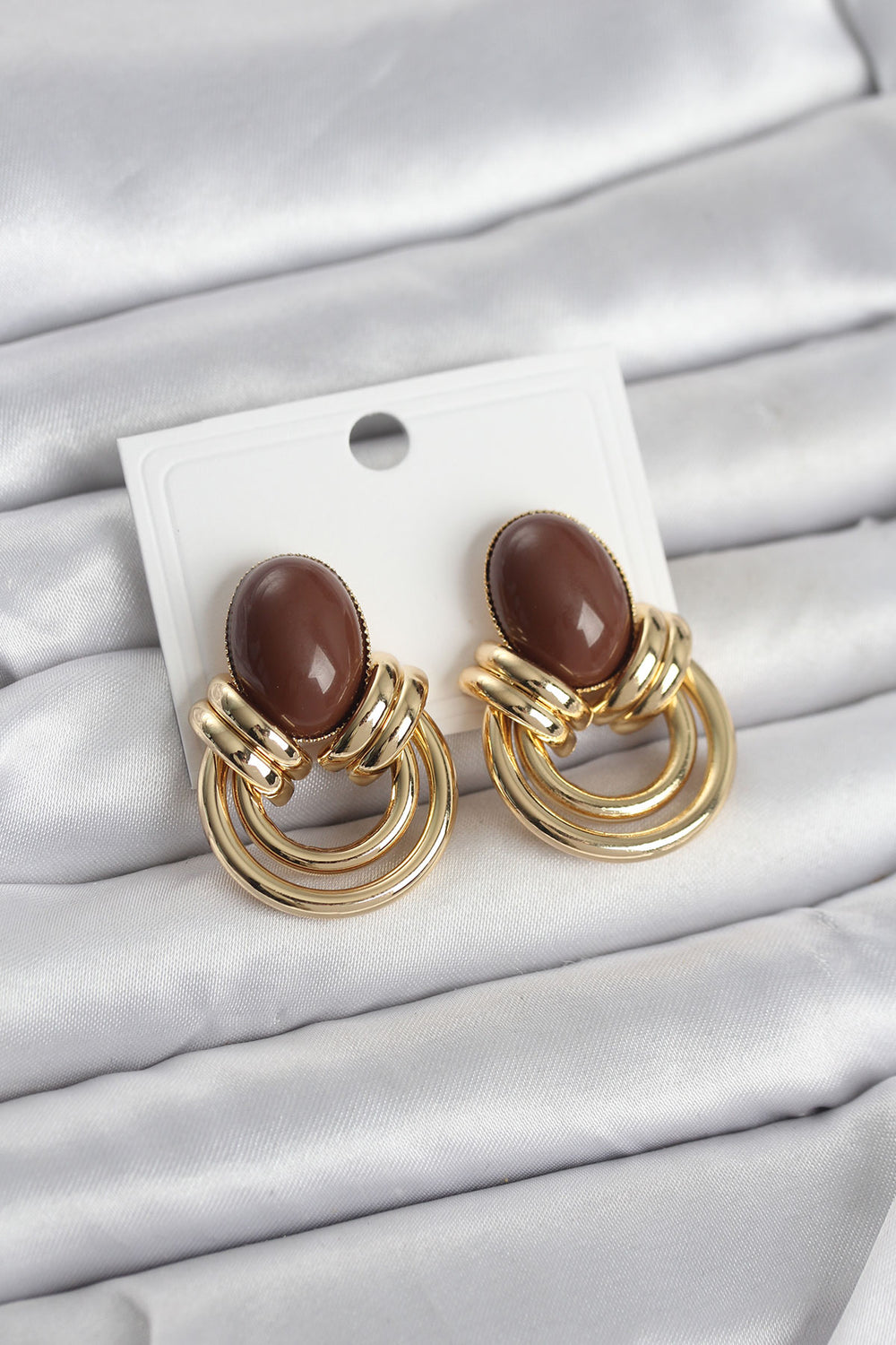 Pirinç Gold Renk Kahverengi Taşlı Vintage Kadın Küpe TG27BKP11680
