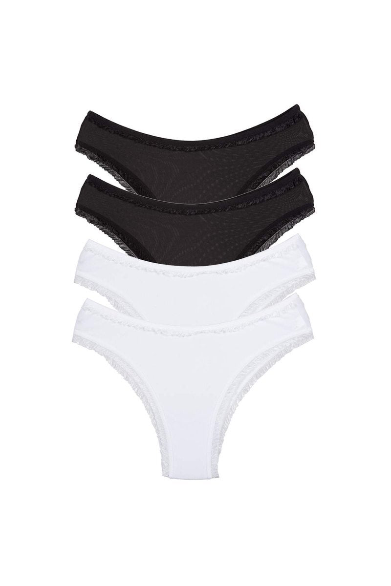 4 Adet Kadın Mikro Bikini Külot İnce Lastik FırFır Kenarlı Yumuşak Doku İç Giyim Siyah Beyaz