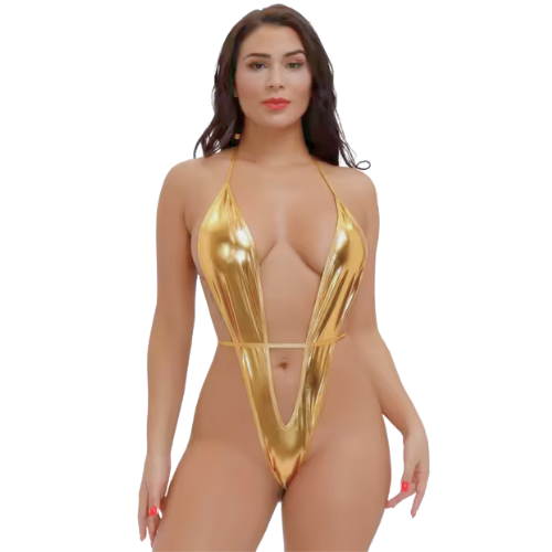Büyük Beden Fantezi Altın Parlak Bodysouit TG2710135-B