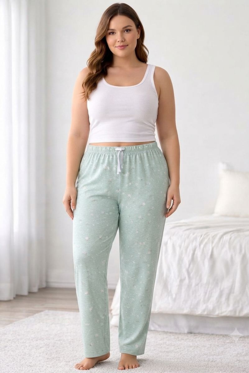 Viskon Pamuklu Kadın Büyük Beden Açık Gri Desenli Pijama Pantolon - MGB008 - Mudanis