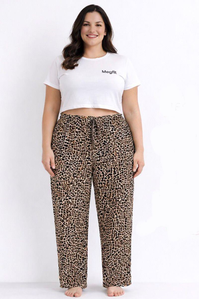 Viskon Pamuklu Kadın Büyük Beden Leopar Desenli Pijama Pantolon - MGB005 - Mudanis