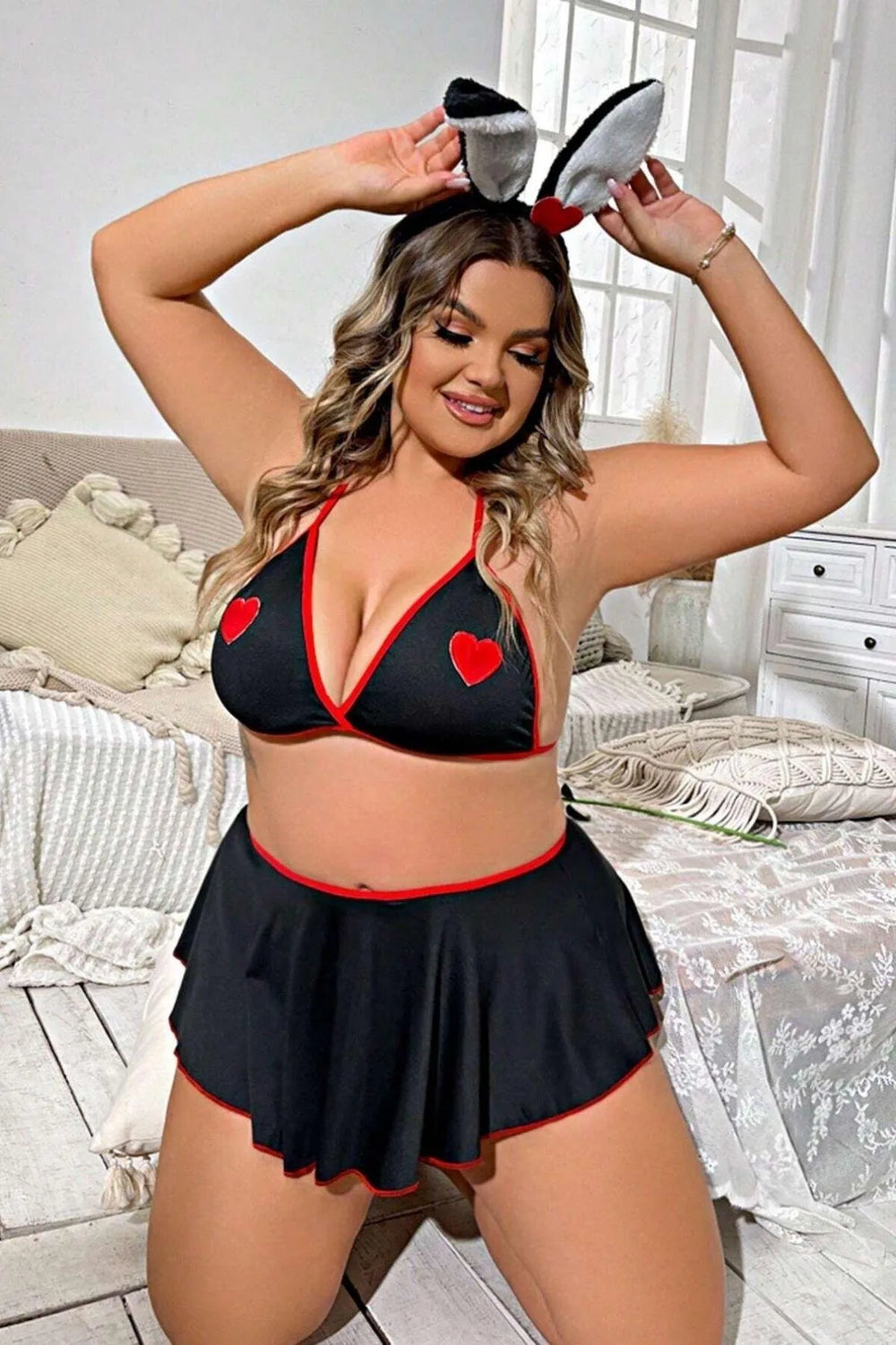 Büyük Beden Fantazi Kalpli Mini Etekli Babydol Gecelik TG279234-B