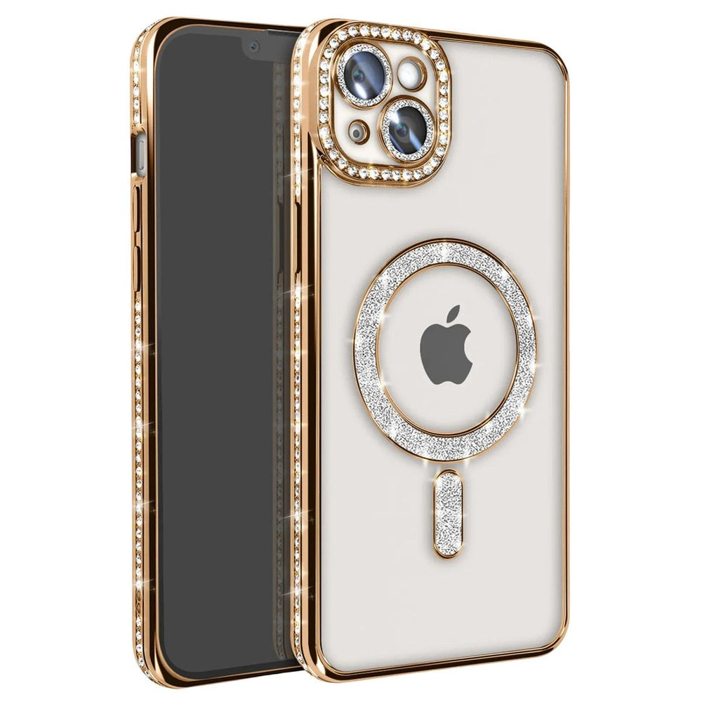 Apple İphone 15 Kılıf Joke Simli Magneticsafe Kılıf - Gold