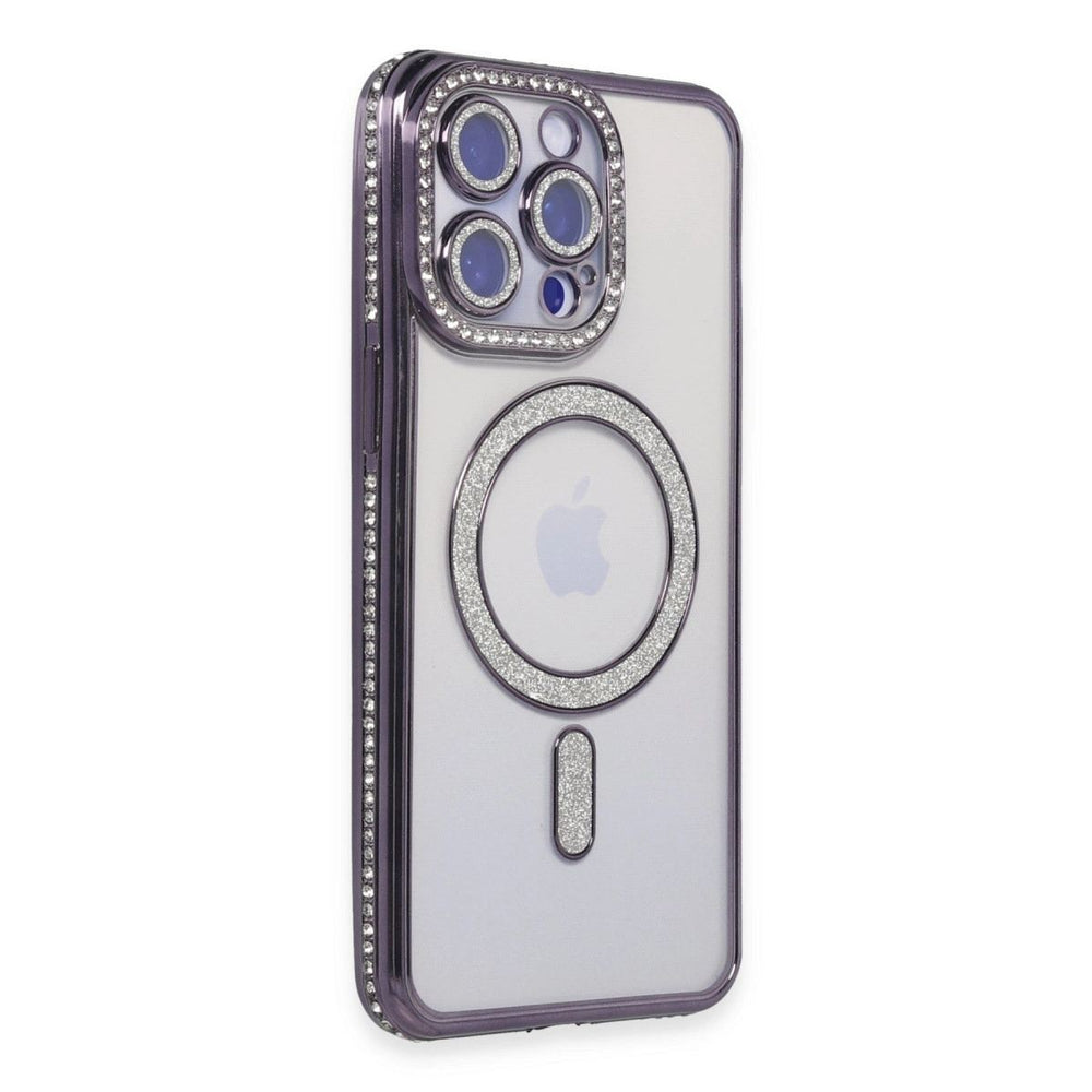 Apple İphone 15 Pro Max Kılıf Joke Simli Magneticsafe Kılıf - Derin Mor