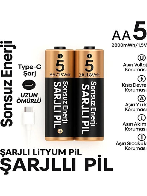 Type-c Şarjlı 2800mwh 1.5v Şarj Edilebilir 2’li Aa5 Kalın Pil - Lityum Iyon Batarya