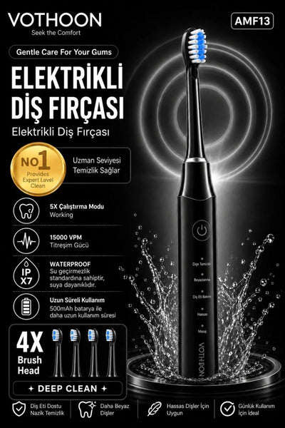 Şarjlı Diş Fırçası 15000 Vpm Titreşim Gücü, 500mah Batarya, 5 Temizlik Modu Siyah