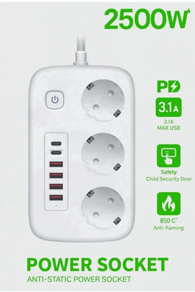 akım Korumalı Priz Ve Masaüstü Şarj İstasyonu Kablosuz 3 Priz ,4 Usb, 2 Type-c Girişli 2 Metre