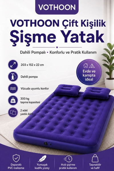 Çift Kişilik Şişme Yatak Dahili Pompalı 203x152x22 Cm 2 Yastıklı