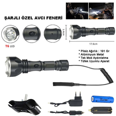 Orjinal 600 Lümen Tx6 Şarjlı Özel Avcı Feneri Wt-253