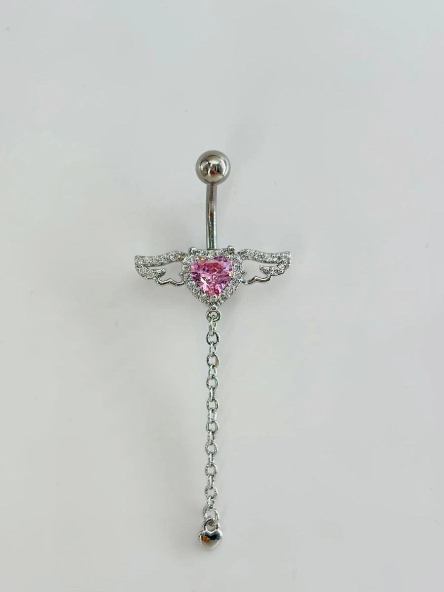 Melek Kanatlı Pembe Taşlı Kalp Detaylı Sallantılı Göbek Piercing