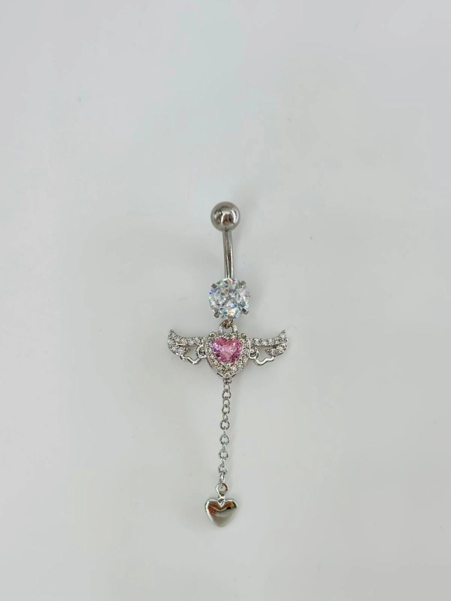 Melek Kanatlı Pembe Taşlı Sallantılı Göbek Piercing