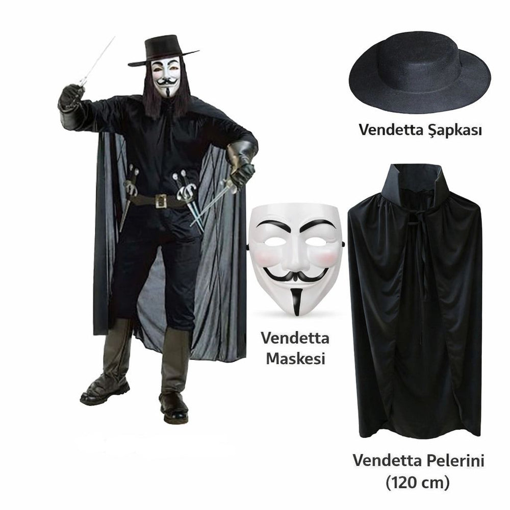 Vendetta Kostüm Seti – Şapka Maske Pelerin (120 Cm)