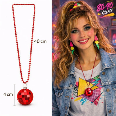 Retro Disko Topu Şekilli 8039ler 9039lar Kırmızı Renk Plastik Kolye
