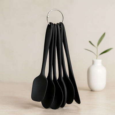 6 Parça Siyah Silikon Mutfak Seti (2 Kaşık, 3 Spatula, Yumurta Fırça)