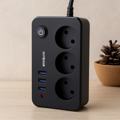 Anahtarlı Termal Korumalı 3'lü Priz + 3xUSB 2.1A 2m Uzatma Kablosu Siyah