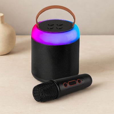 Yuvarlak Bluetooth Kablosuz Karaoke Hoparlör - Mikrofonlu, USB Şarjlı, Işıklı