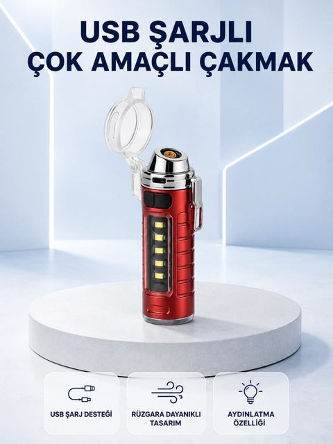 Usb Şarjlı Rüzgar Geçirmez Elektrikli Çakmak El Fenerli