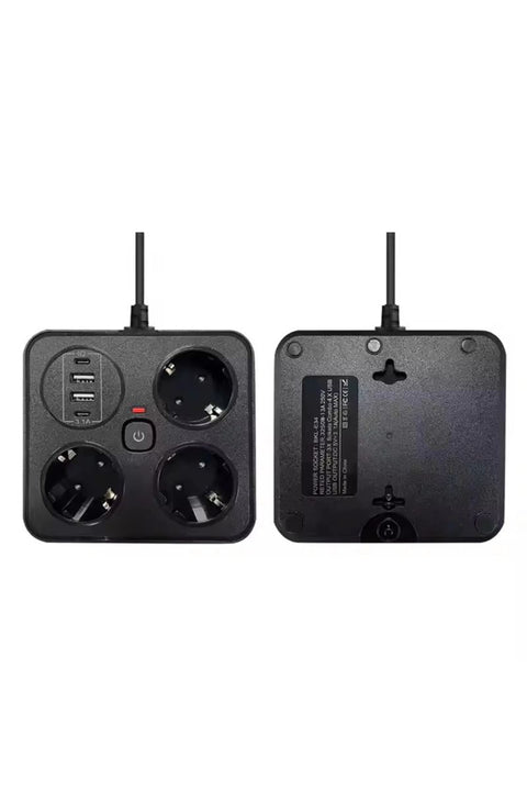 Akım Korumalı Anahtarlı Priz - 3x Priz - 2x Usb - 2x Type-c - 2 Mt Kablo Hızlı Şarj Özellikli Siyah