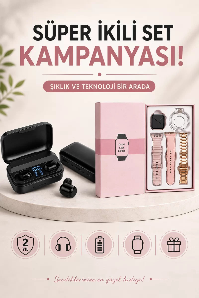 Wireless Şarjlı Pembe Akıllı Saat ve Kablosuz Bluetooth Kulaklık Dokunmatik Kontrol