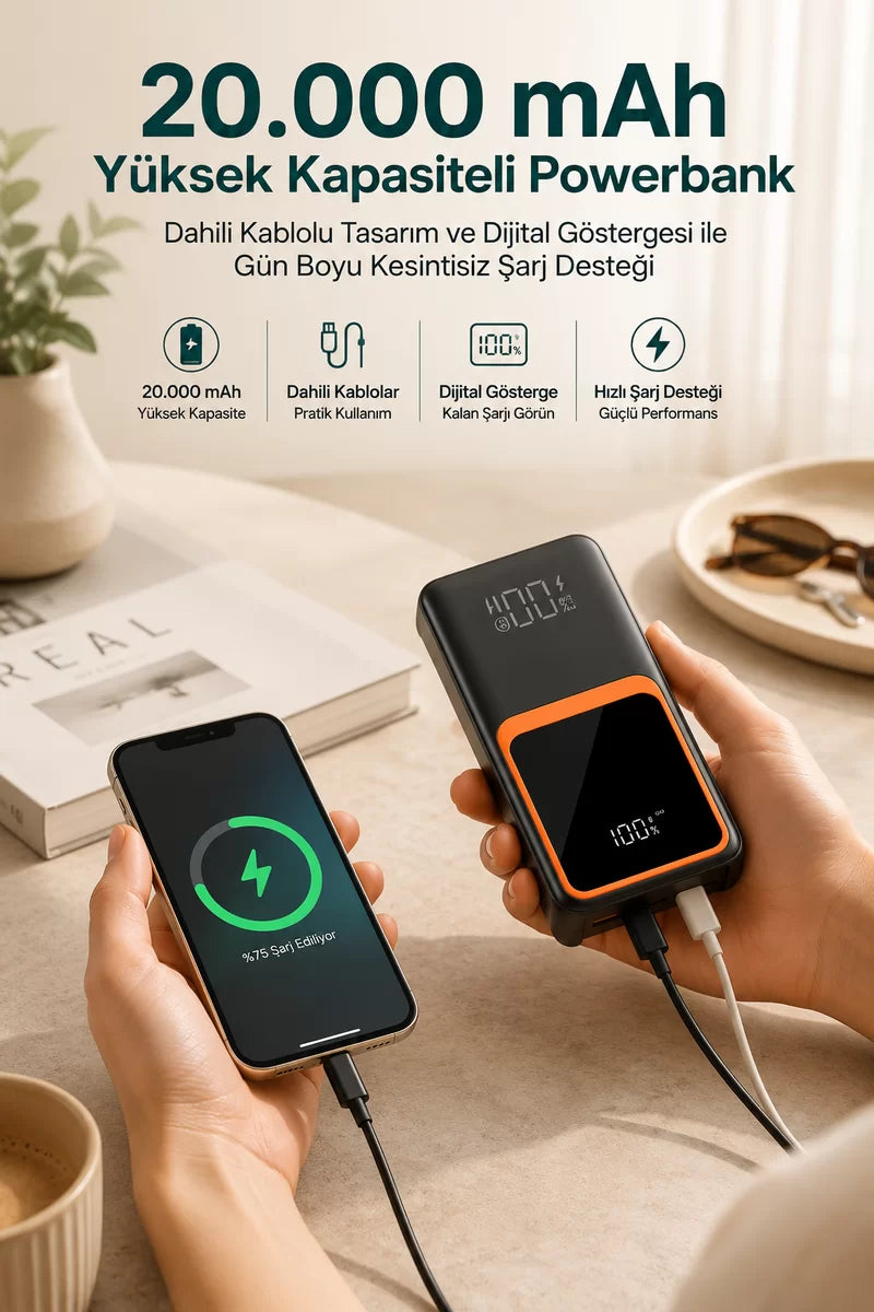 20.000 mAh Taşınabilir Şarj Cihazı Dijital Göstergeli Kablolu Powerbank