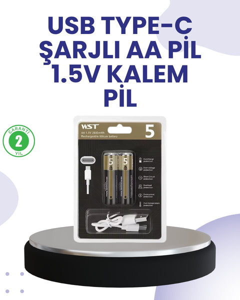 Type-C USB ile Hızlı Şarj Edilebilir AA Kalem Pil | 1.5V Lityum | Çiftli Paket