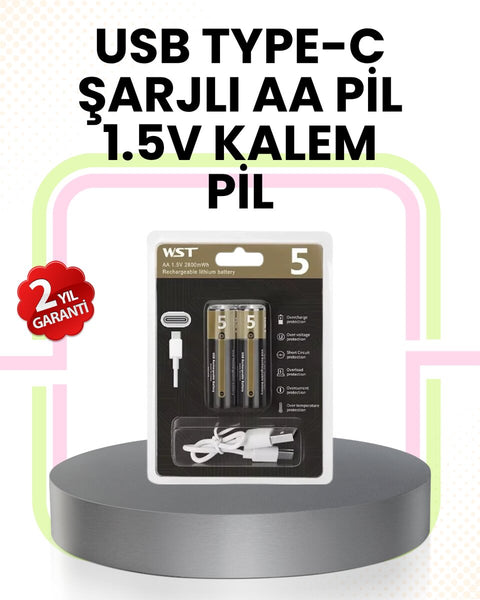 Tekrar Şarj Edilebilir AA USB Type-C Pil | 1000+ Döngü | 1.5V Sabit Voltaj