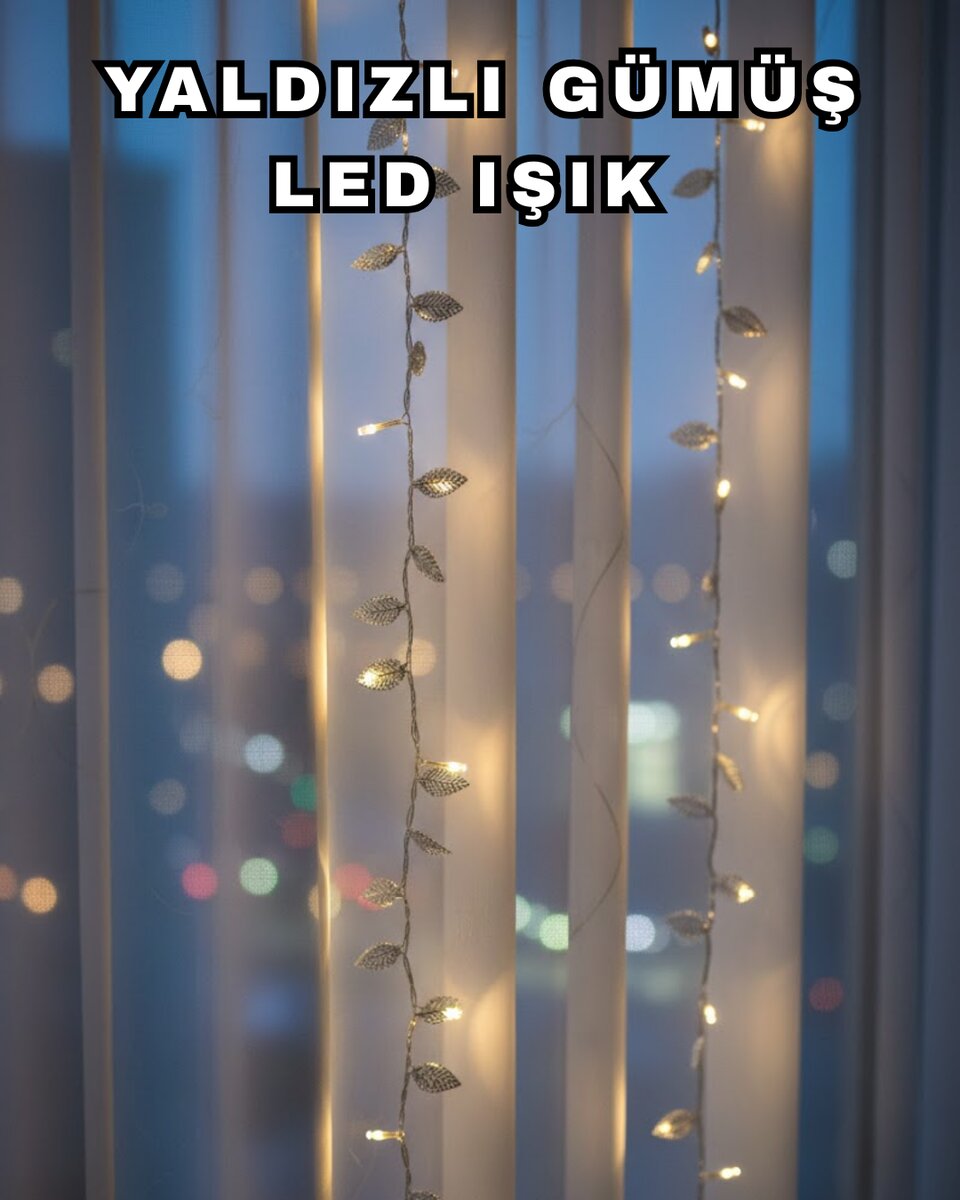 Gümüş Yaprak Tasarımlı LED Işık Pilli Ev ve Vitrin Dekoru