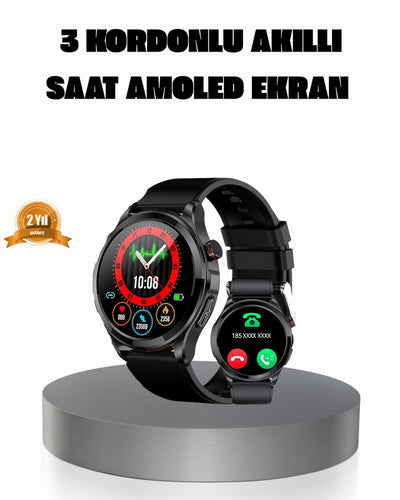 Amoled Ekranlı Smartwatch – 3 Kordonlu Kalp Atış & Uyku Takipli Akıllı Saat