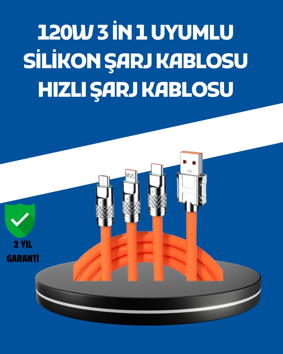 120W Şarj Destekli 3’ü 1 Arada Çoklu Şarj Kablosu – 1.2 Metre