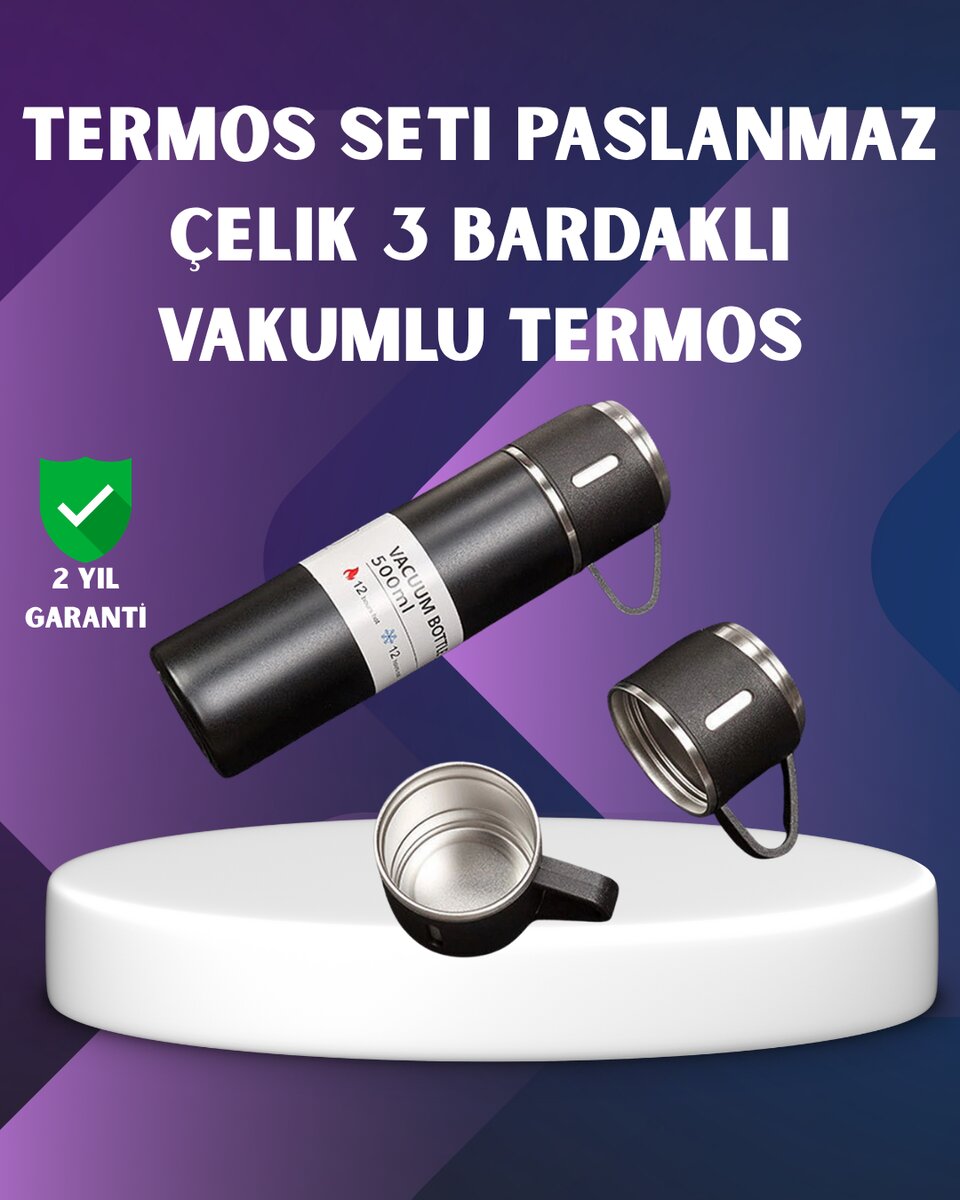Paslanmaz Termos ve İkili Bardak Seti | 6-12 Saat Sıcak/Soğuk Tutma