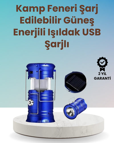 Şarj Edilebilir Güneş Enerjili Kızaklı Kamp Feneri – USB Çıkışlı Katlanabilir Dayanıklı ve Çok Fonksiyonlu