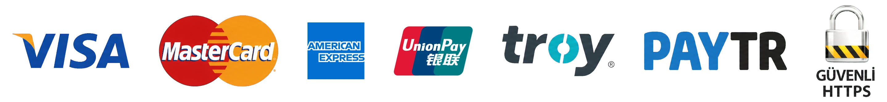 Visa, Mastercard, American Express, UnionPay, Troy ve PayTR ödeme seçenekleri