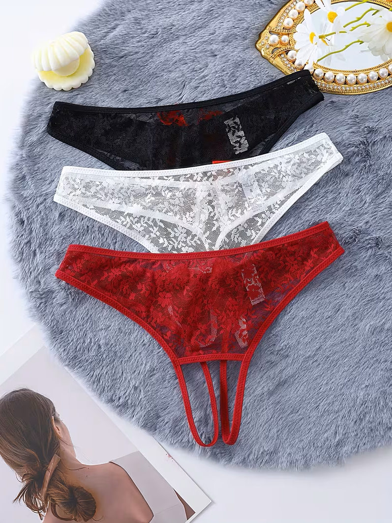 Kadın 3'lü Seksi Ağ Bölgesi Açık Dantelli Tanga Seti - Siyah / L