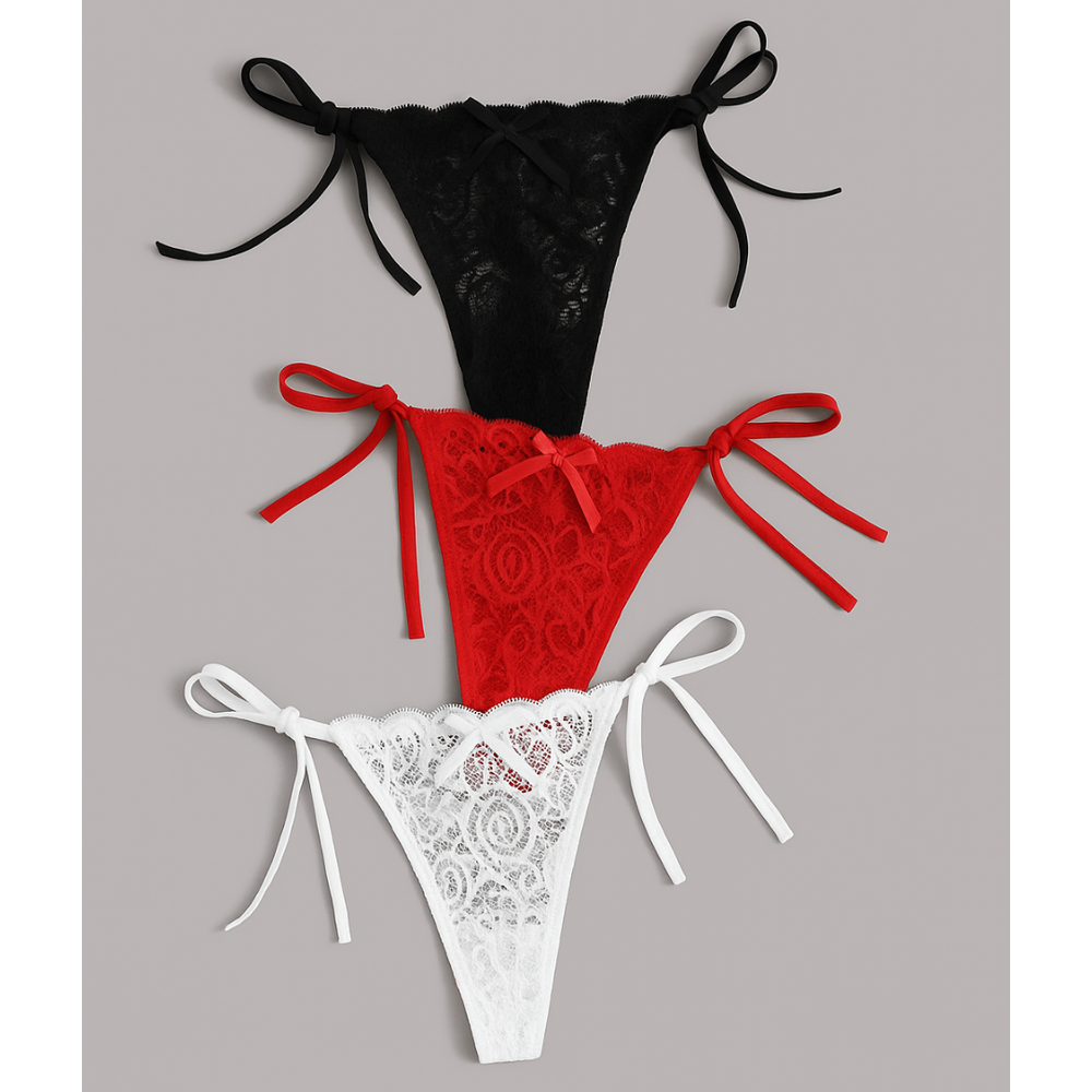 Kadın 3'lü Dantelli Yandan Bağlamalı Seksi Tanga