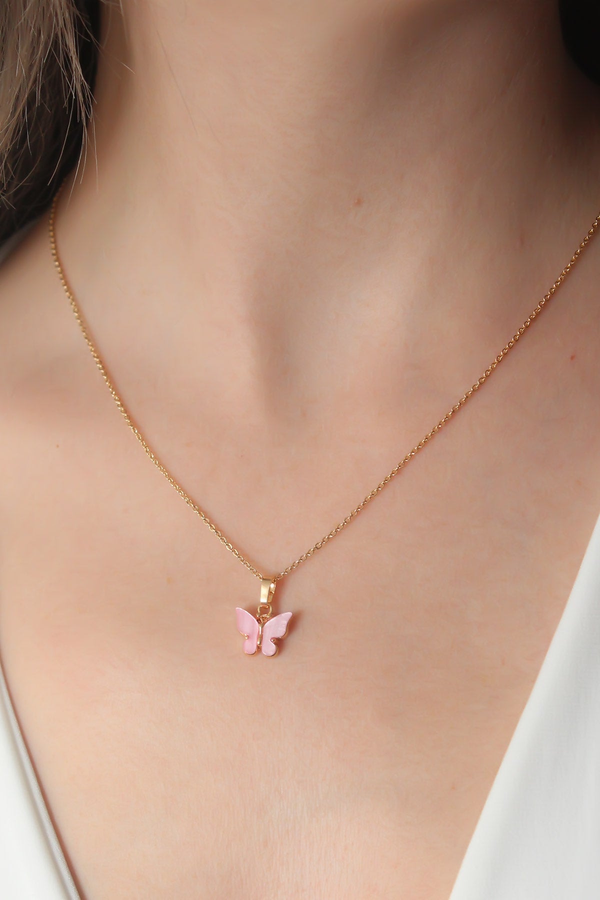 Gold Pembe Renk Kelebek Figür Kadın Kolye TG27BKO6817 - Çok Renkli / Standart