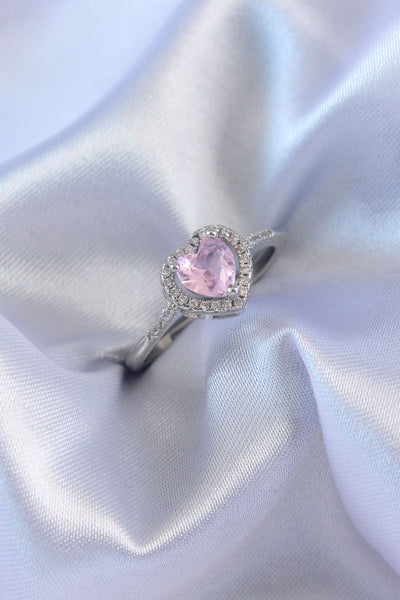 Gümüş Renk Pembe Zirkon Taşlı Kalp Charm Model Pirinç Kadın Yüzük TG27BYK2617