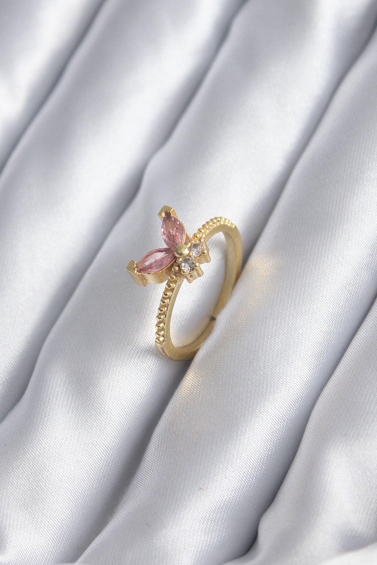 Gold Renk Pembe Zirkon Taşlı Kelebek Model Kadın Yüzük TG27BYK2842 - Çok Renkli / Standart