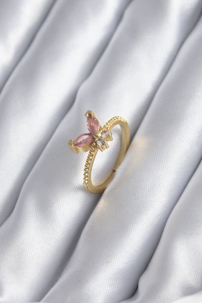 Gold Renk Pembe Zirkon Taşlı Kelebek Model Kadın Yüzük TG27BYK2842
