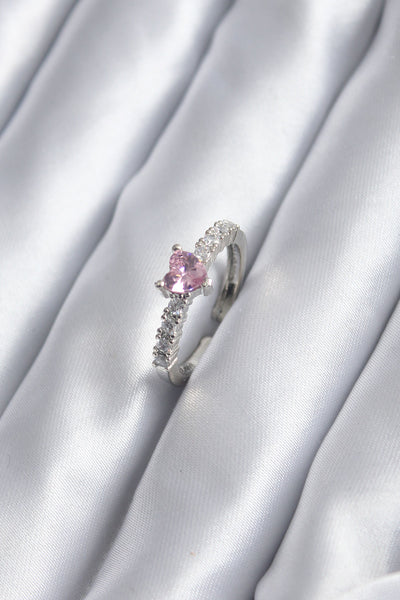 Gümüş Renk Zirkon Taşlı Pembe Kristal Kalp Model Kadın Yüzük TG27BYK2851
