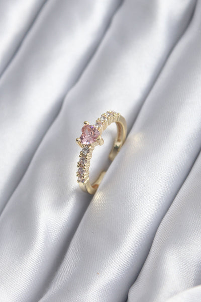 Gold Renk Zirkon Taşlı Pembe Kristal Kalp Model Kadın Yüzük TG27BYK2852