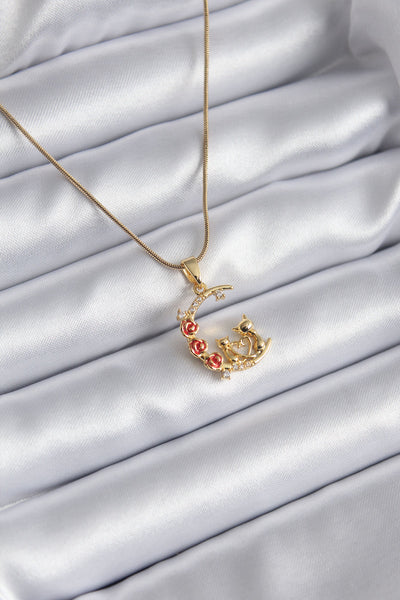 316L Çelik Gold Renk Hilal Kedi Model Zirkon Taşlı Detay Kadın Kolye TG27BKO8140